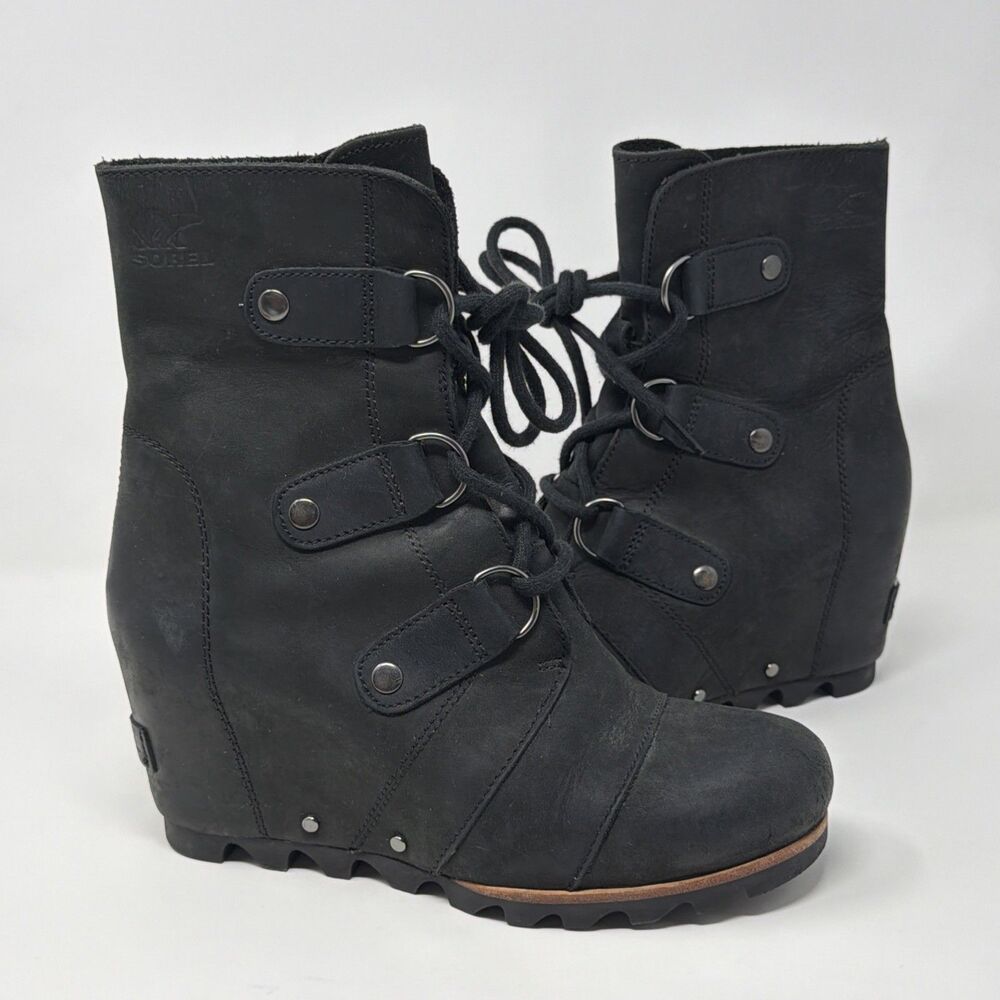 SOREL Joan of Arctic Leather Wedge Boots Black Waterproof Women’s 6.5 NL2173
